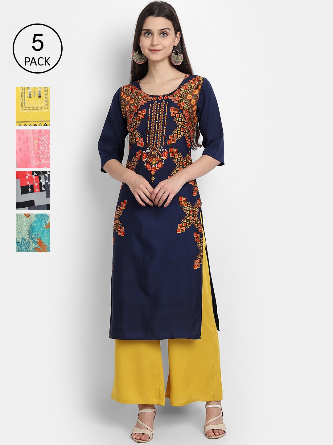 

7Threads Women Pack Of 5 Printed Crepe Kurtas, Navy blue