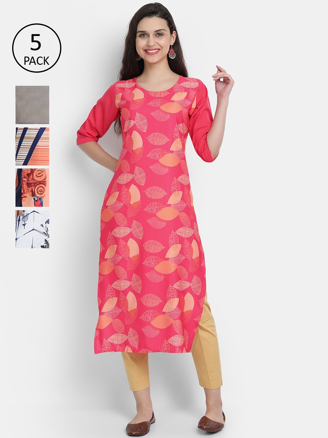 

7Threads Women Pack Of 5 Printed Crepe Kurtas, Pink