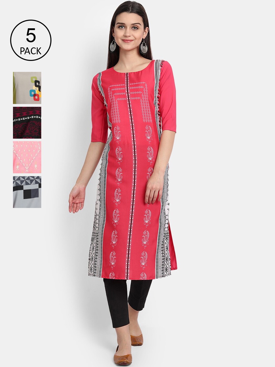 

7Threads Women Pack Of 5 Printed Crepe Kurtas, Pink