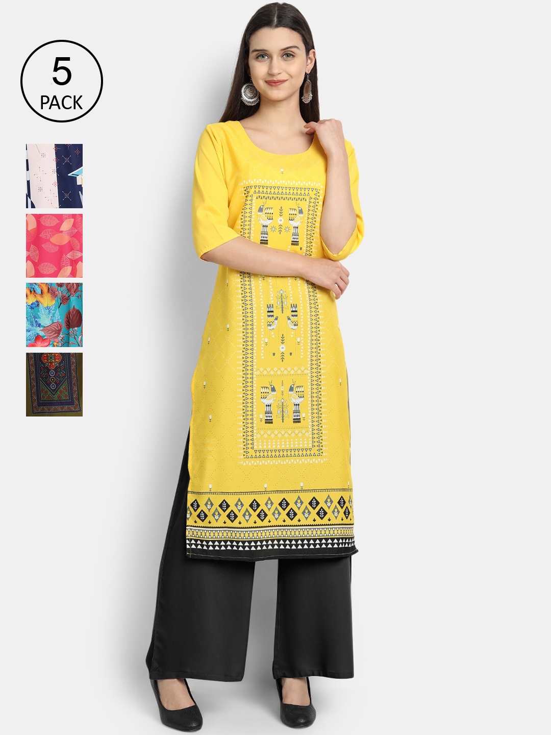 

7Threads Women Pack Of 5 Printed Crepe Kurtas, Yellow