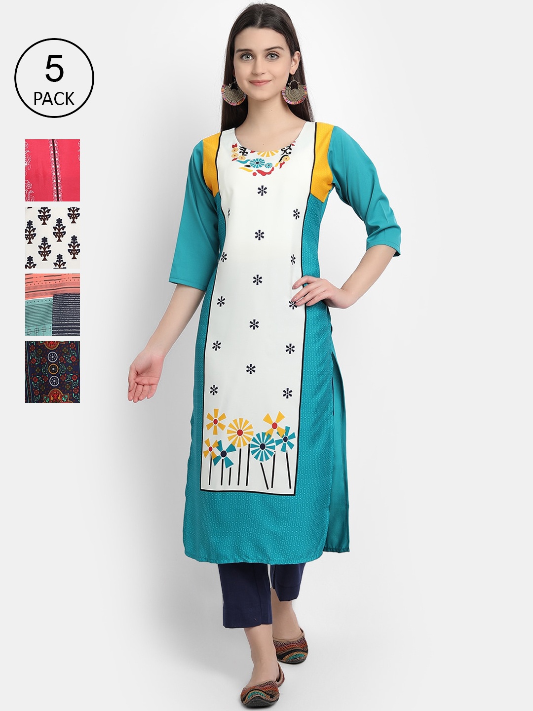 

7Threads Women Pack Of 5 Printed Crepe Kurtas, White