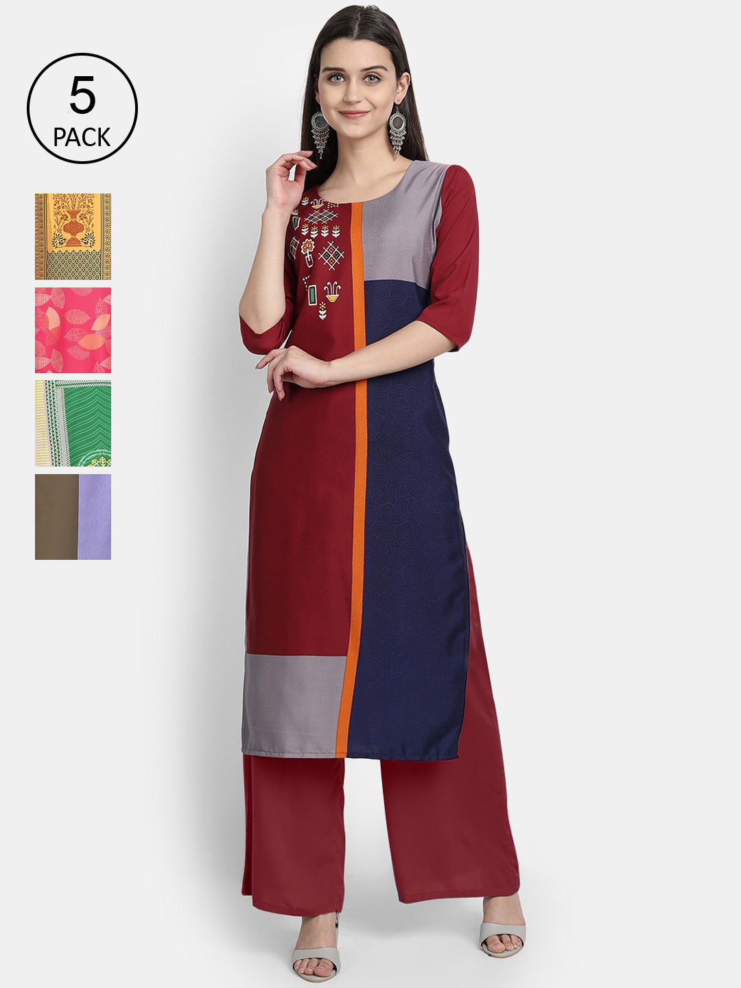 

7Threads Women Pack Of 5 Printed Crepe Kurtas, Maroon