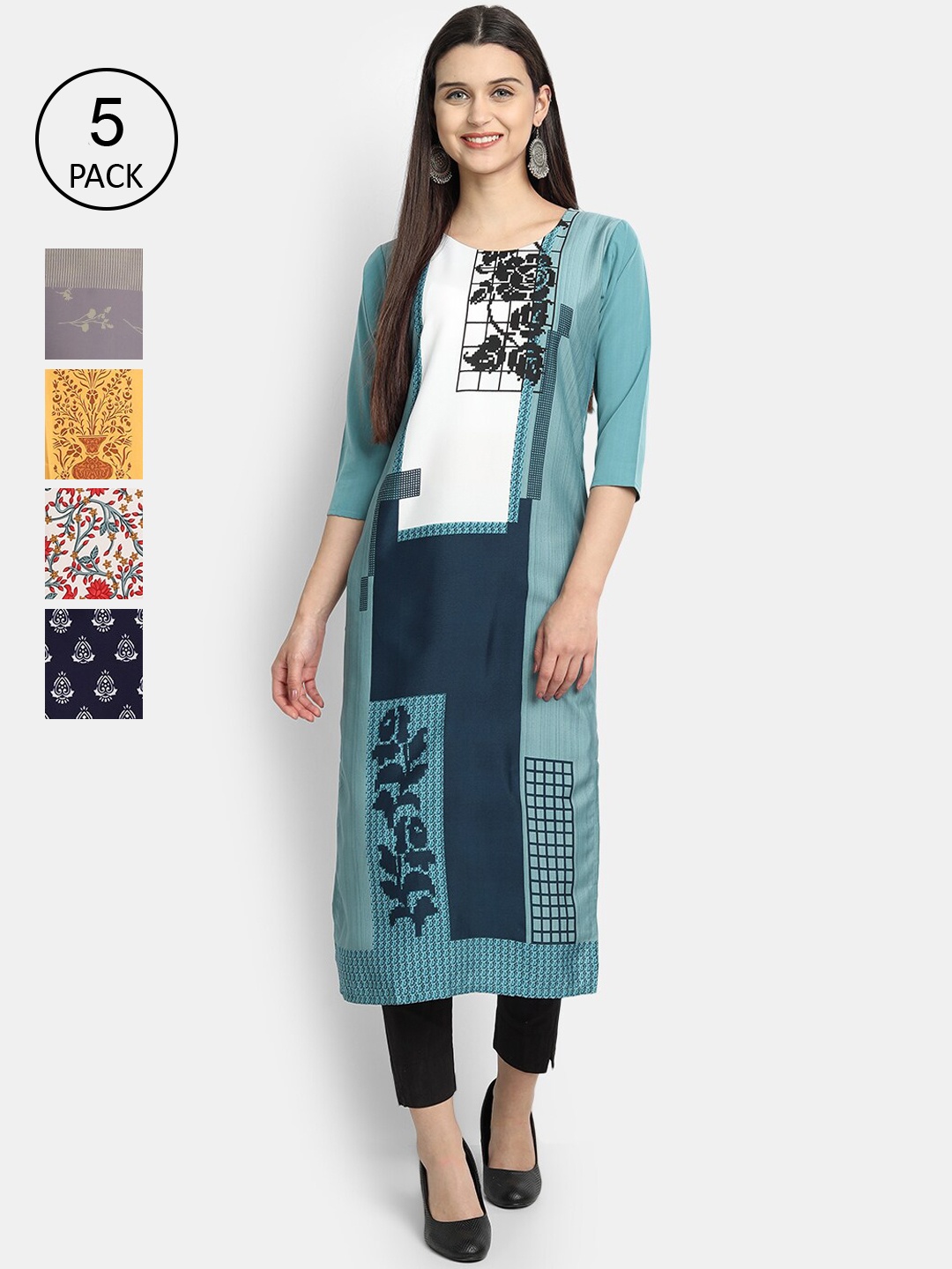 

7Threads Women Pack Of 5 Printed Crepe Kurtas, Blue