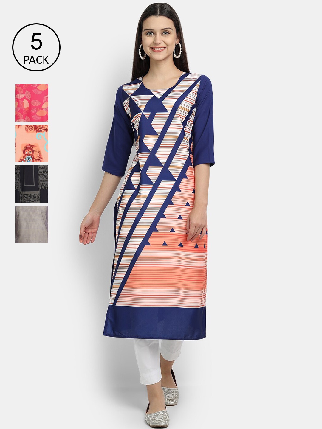 

7Threads Women Pack Of 5 Printed Crepe Kurtas, Navy blue