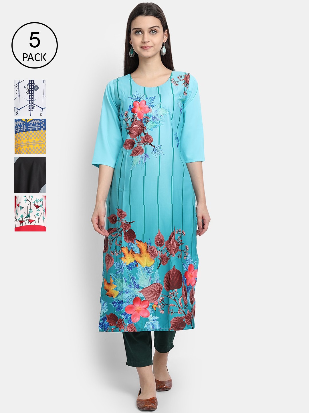 

7Threads Women Pack Of 5 Printed Crepe Kurtas, Blue