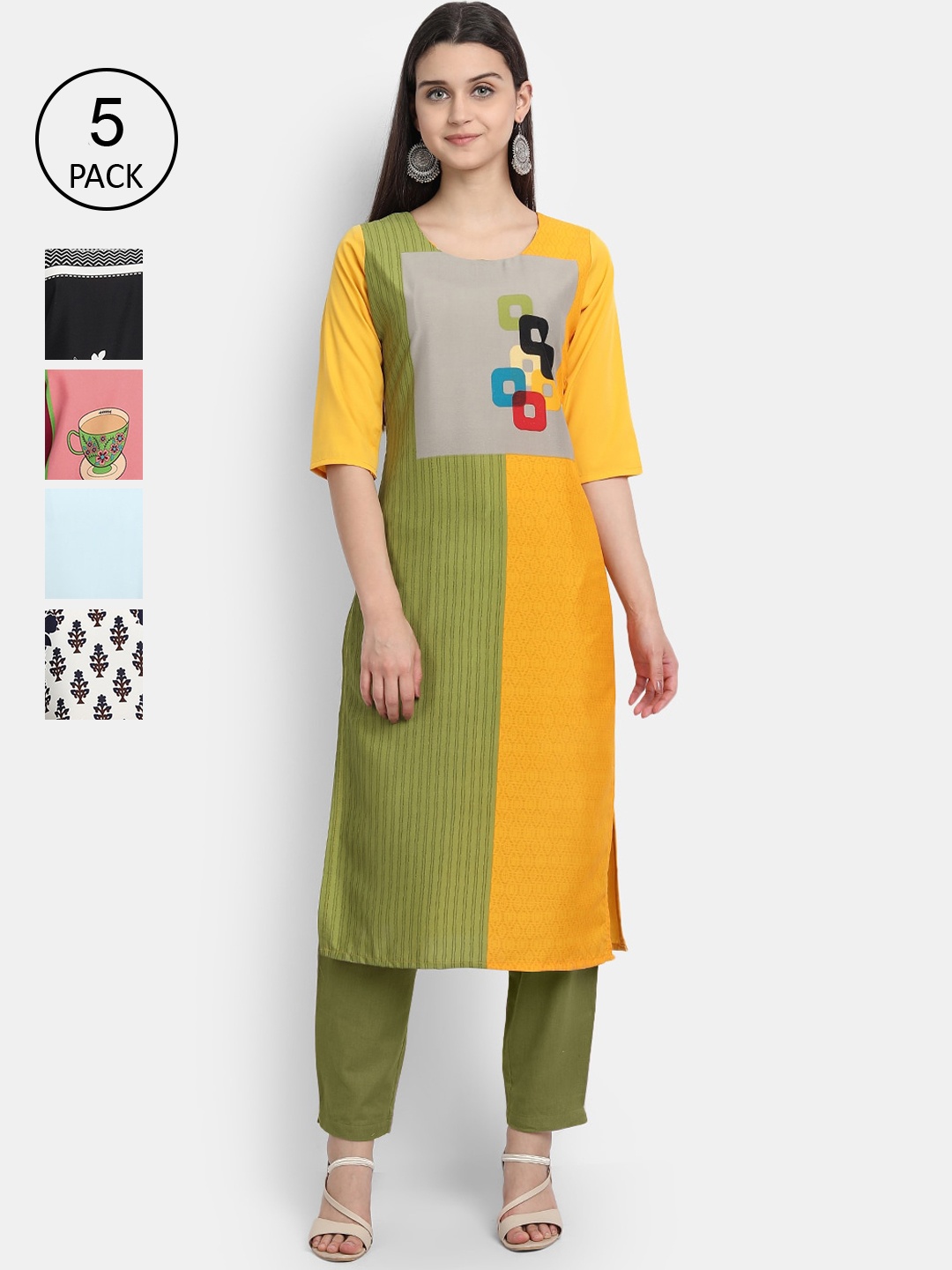 

7Threads Women Pack Of 5 Printed Crepe Kurtas, Yellow
