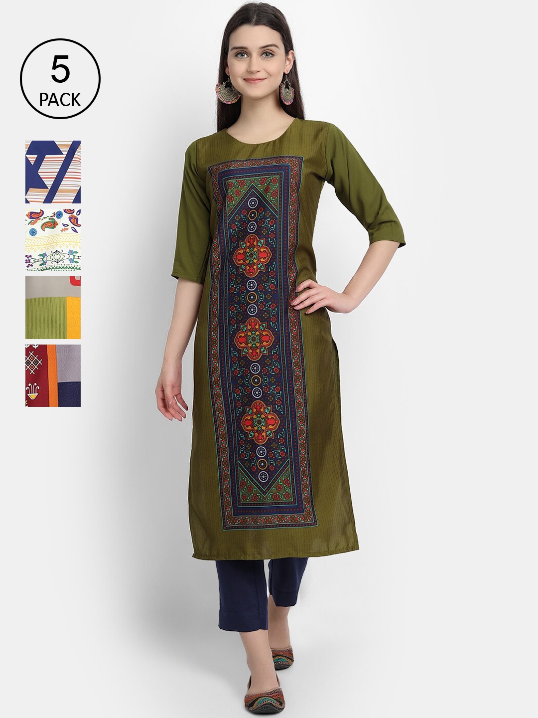 

7Threads Women Pack Of 5 Printed Crepe Kurtas, Green