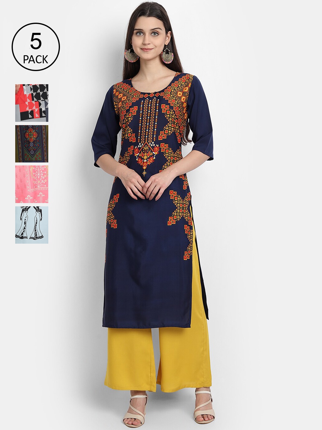 

7Threads Women Pack Of 5 Printed Crepe Kurtas, Navy blue