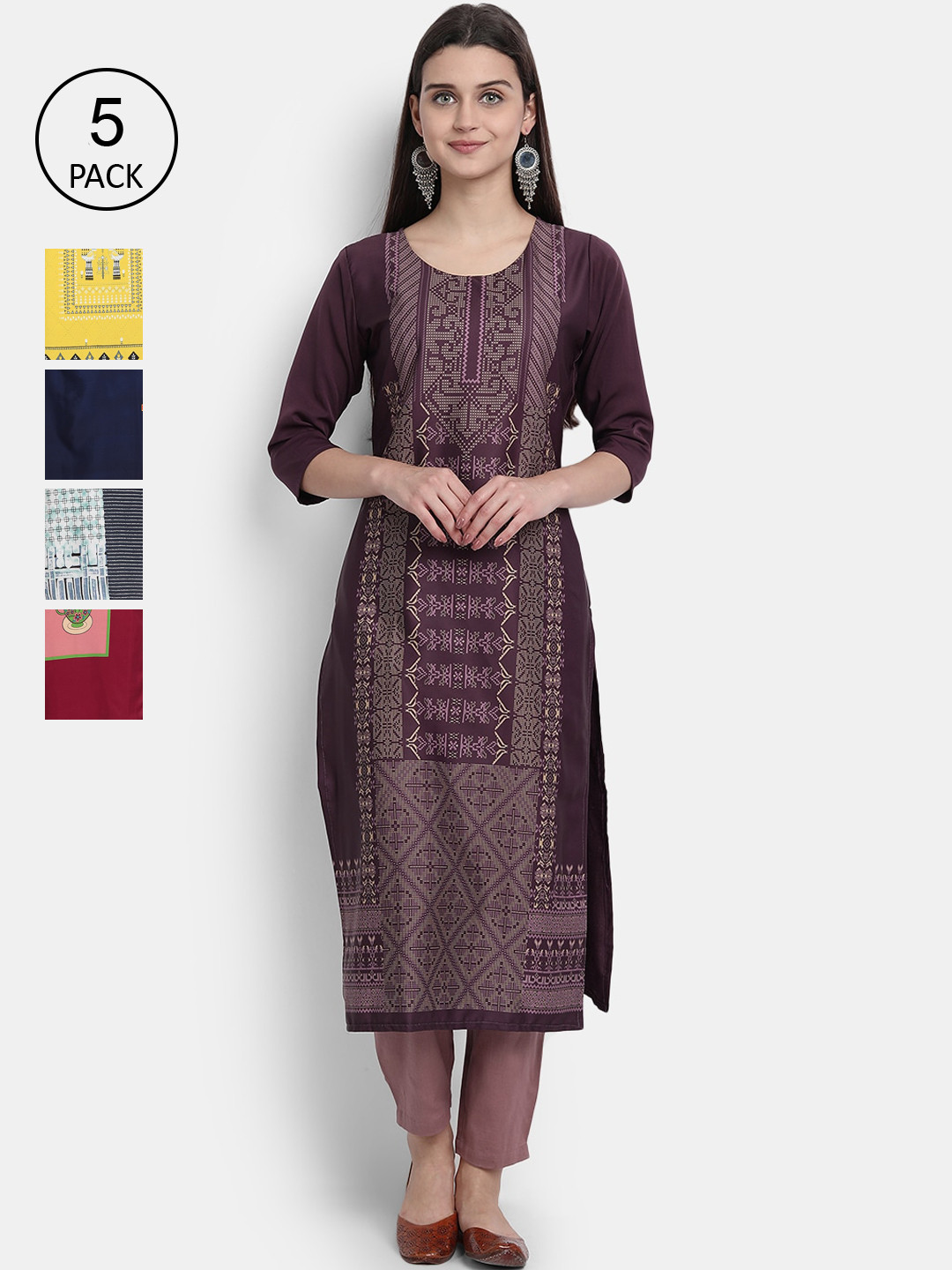 

7Threads Women Pack Of 5 Printed Crepe Kurtas, Violet