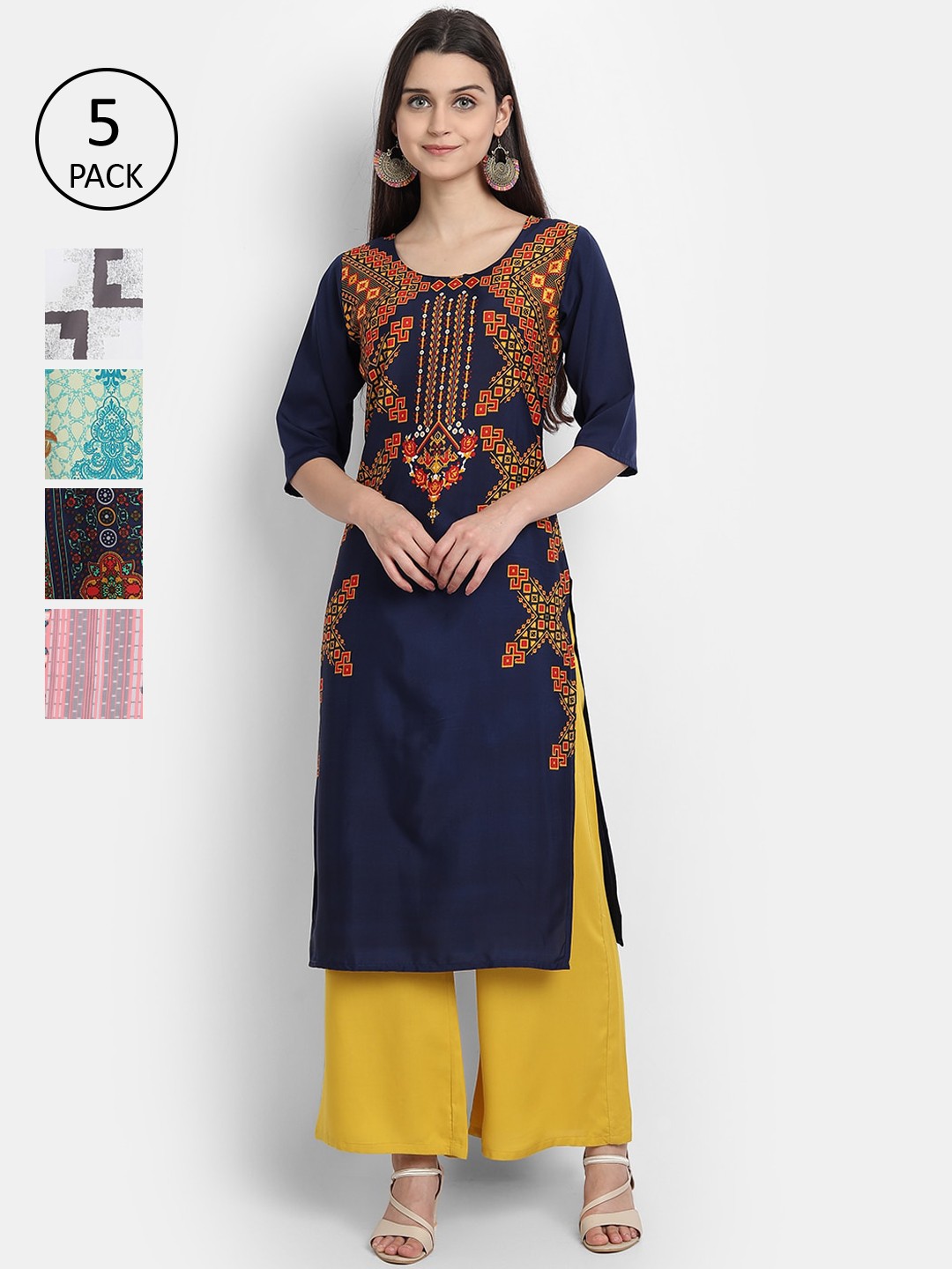 

7Threads Women Pack Of 5 Printed Crepe Kurtas, Navy blue