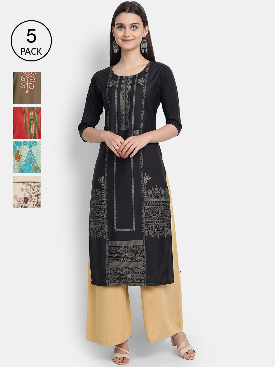 

7Threads Women Pack Of 5 Printed Crepe Kurtas, Black
