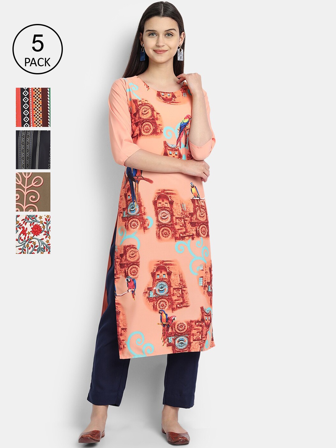 

7Threads Women Pack Of 5 Printed Crepe Kurtas, Pink