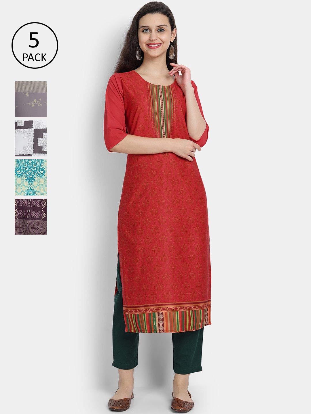 

7Threads Women Pack Of 5 Printed Crepe Kurtas, Red