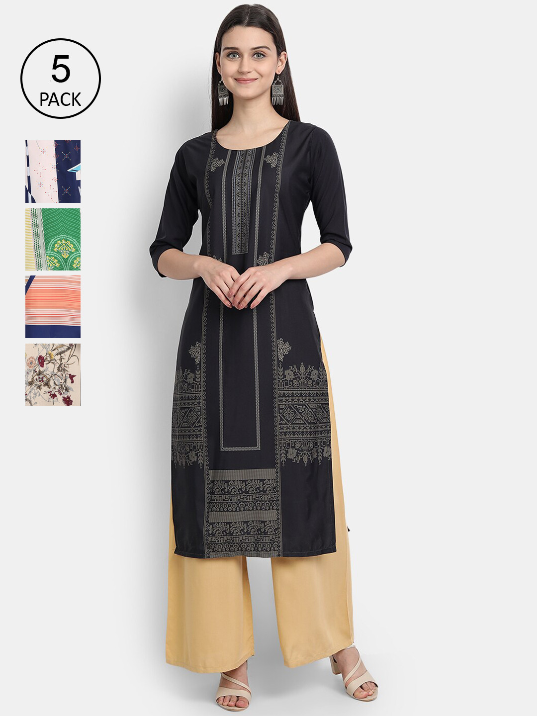 

7Threads Women Pack Of 5 Printed Crepe Kurtas, Black
