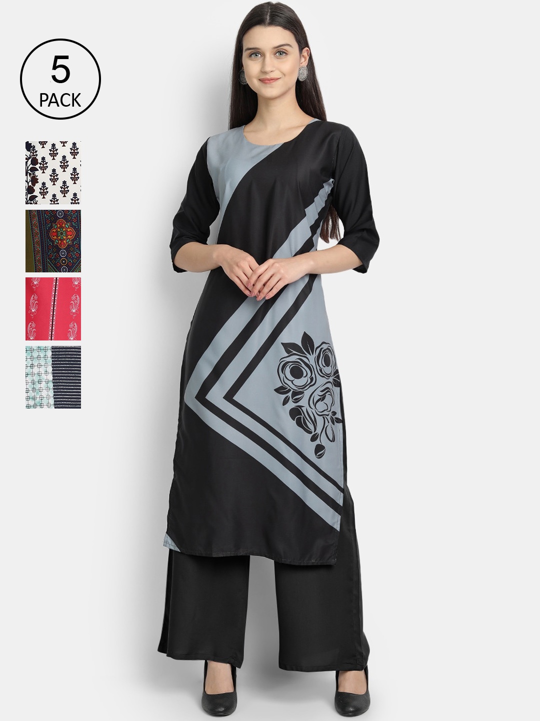 

7Threads Women Pack Of 5 Printed Crepe Kurtas, Black