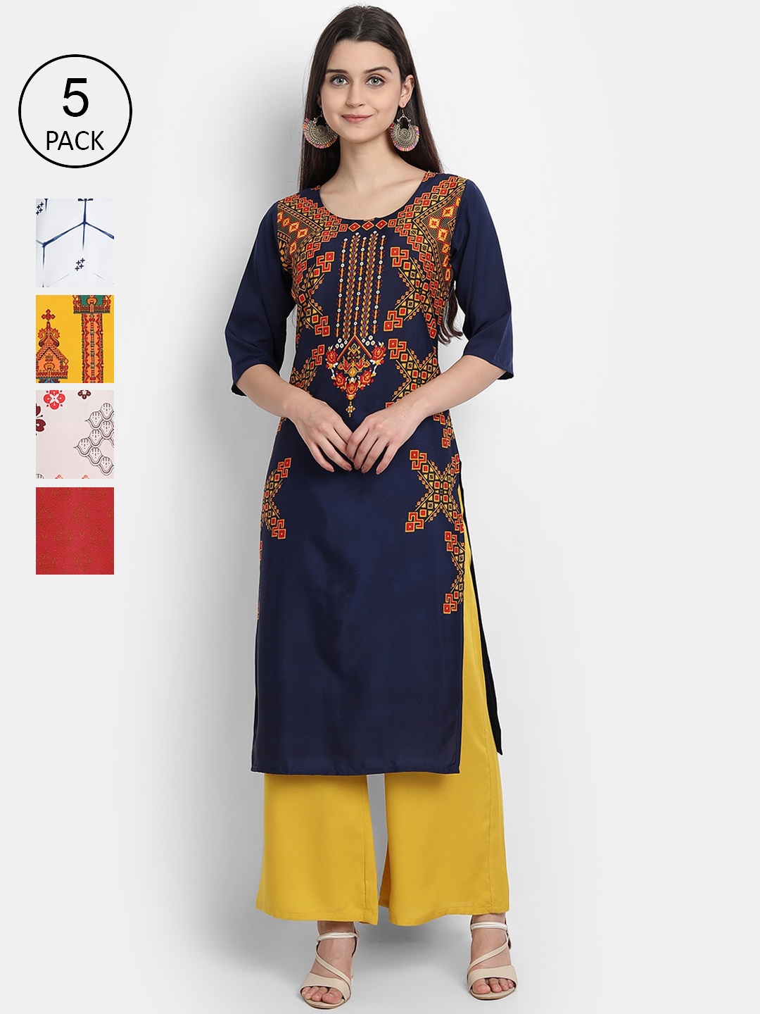 

7Threads Women Pack Of 5 Printed Crepe Kurtas, Navy blue