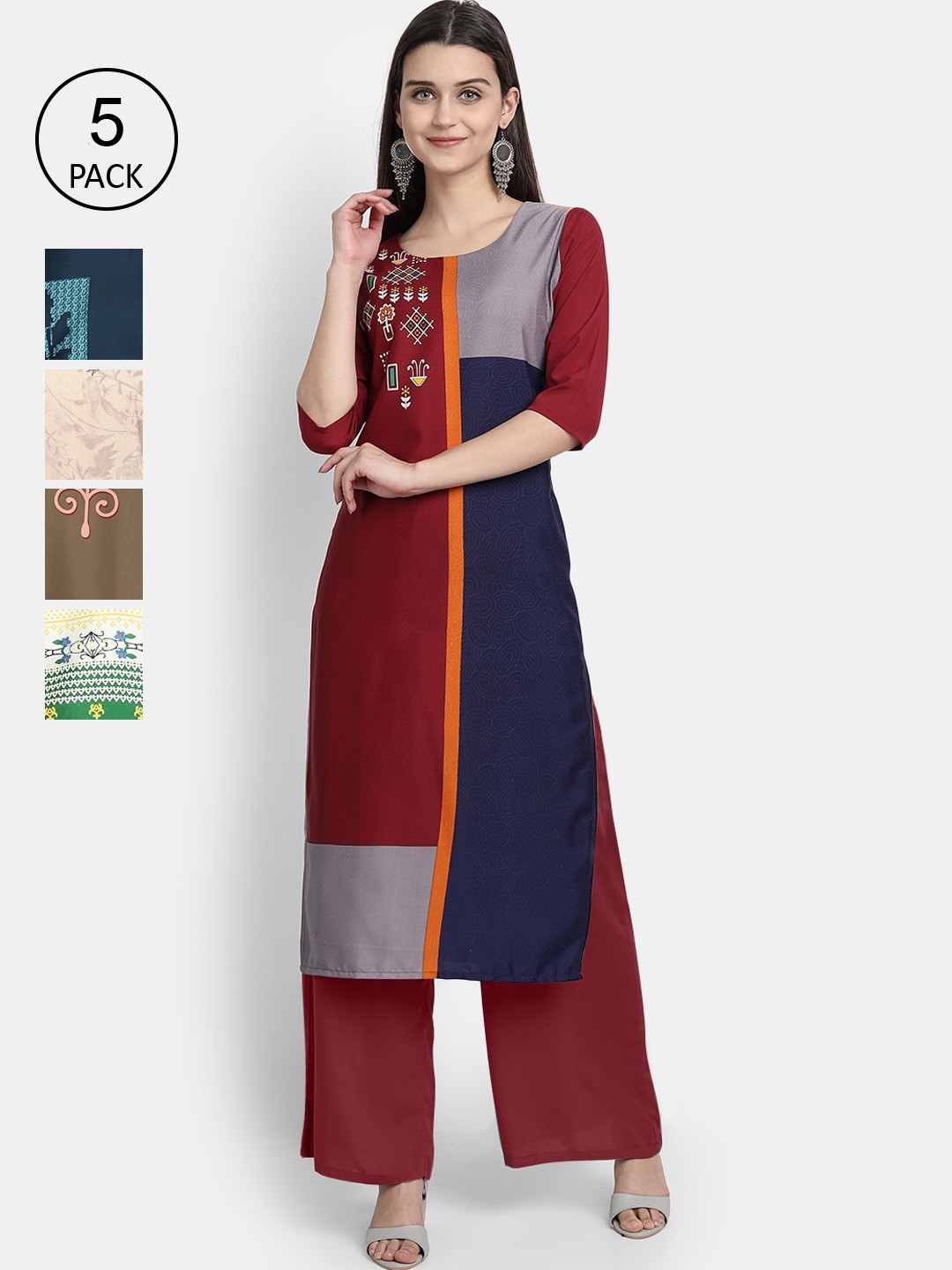 

7Threads Women Pack Of 5 Printed Crepe Kurtas, Maroon