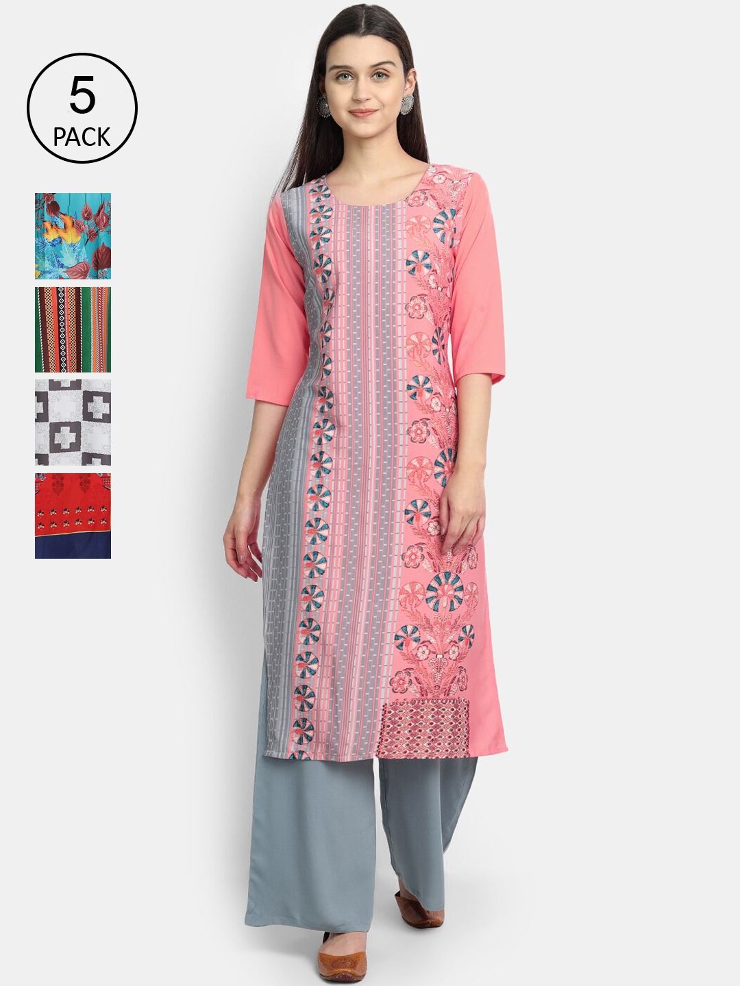 

7Threads Women Pack Of 5 Printed Crepe Kurtas, Pink