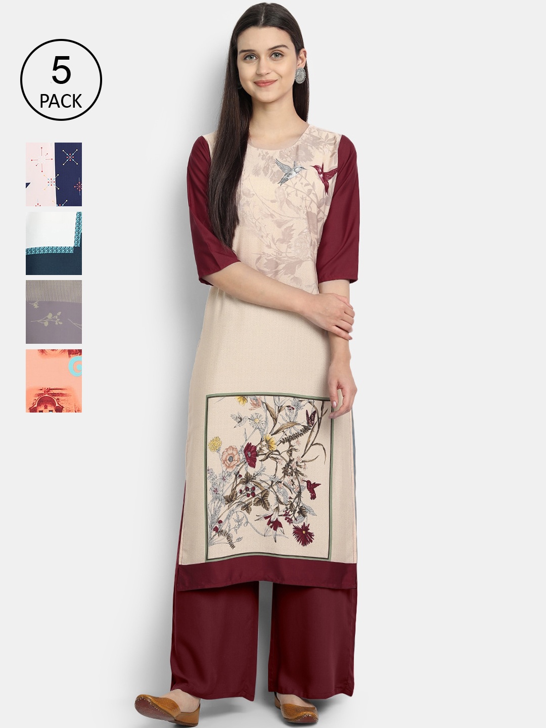 

7Threads Women Pack Of 5 Printed Crepe Kurtas, Cream