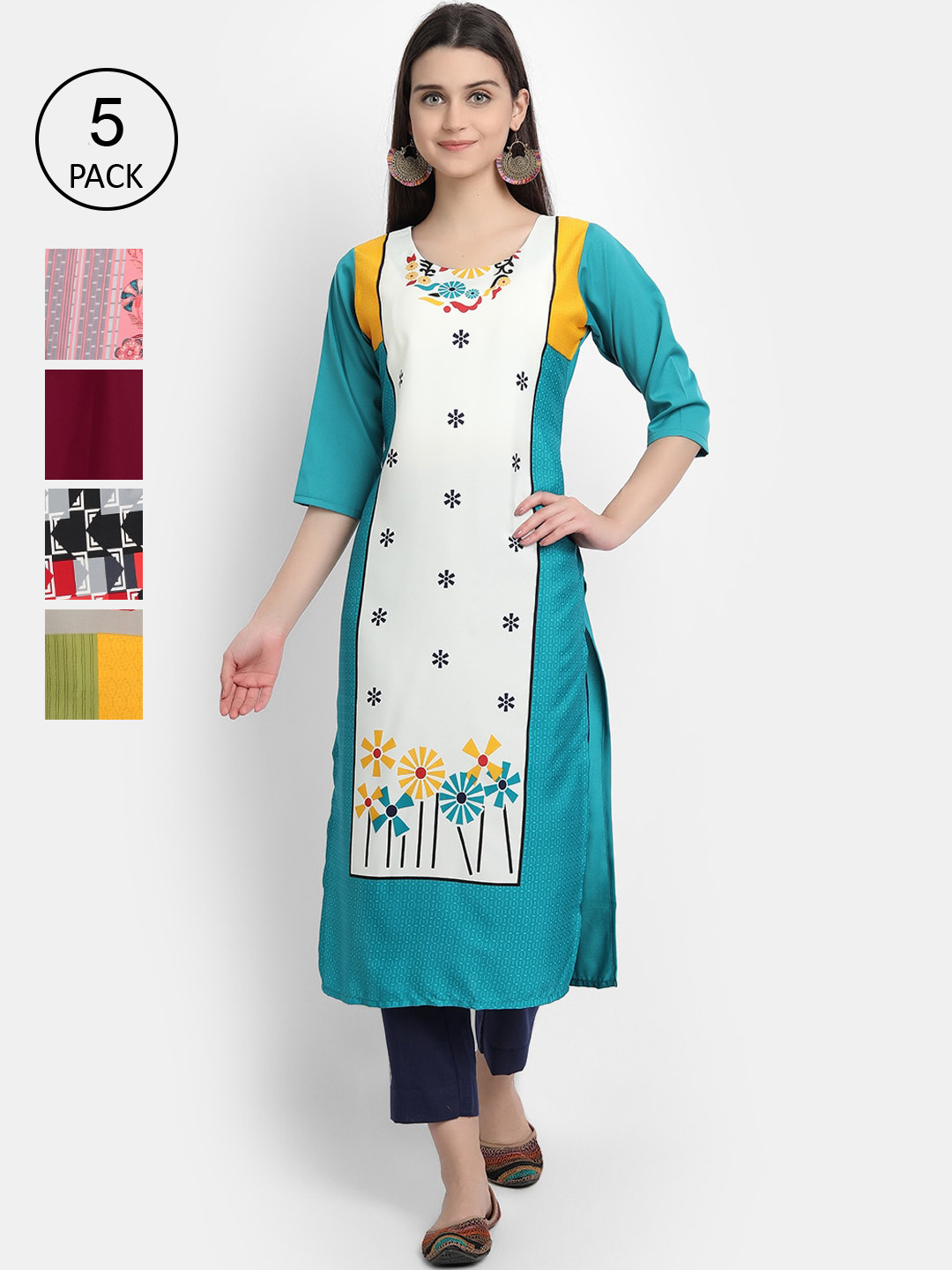 

7Threads Women Pack Of 5 Printed Crepe Kurtas, White