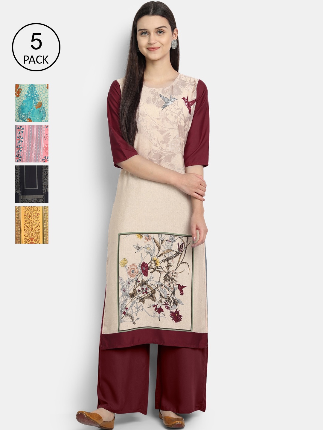 

7Threads Women Pack Of 5 Printed Crepe Kurtas, Cream