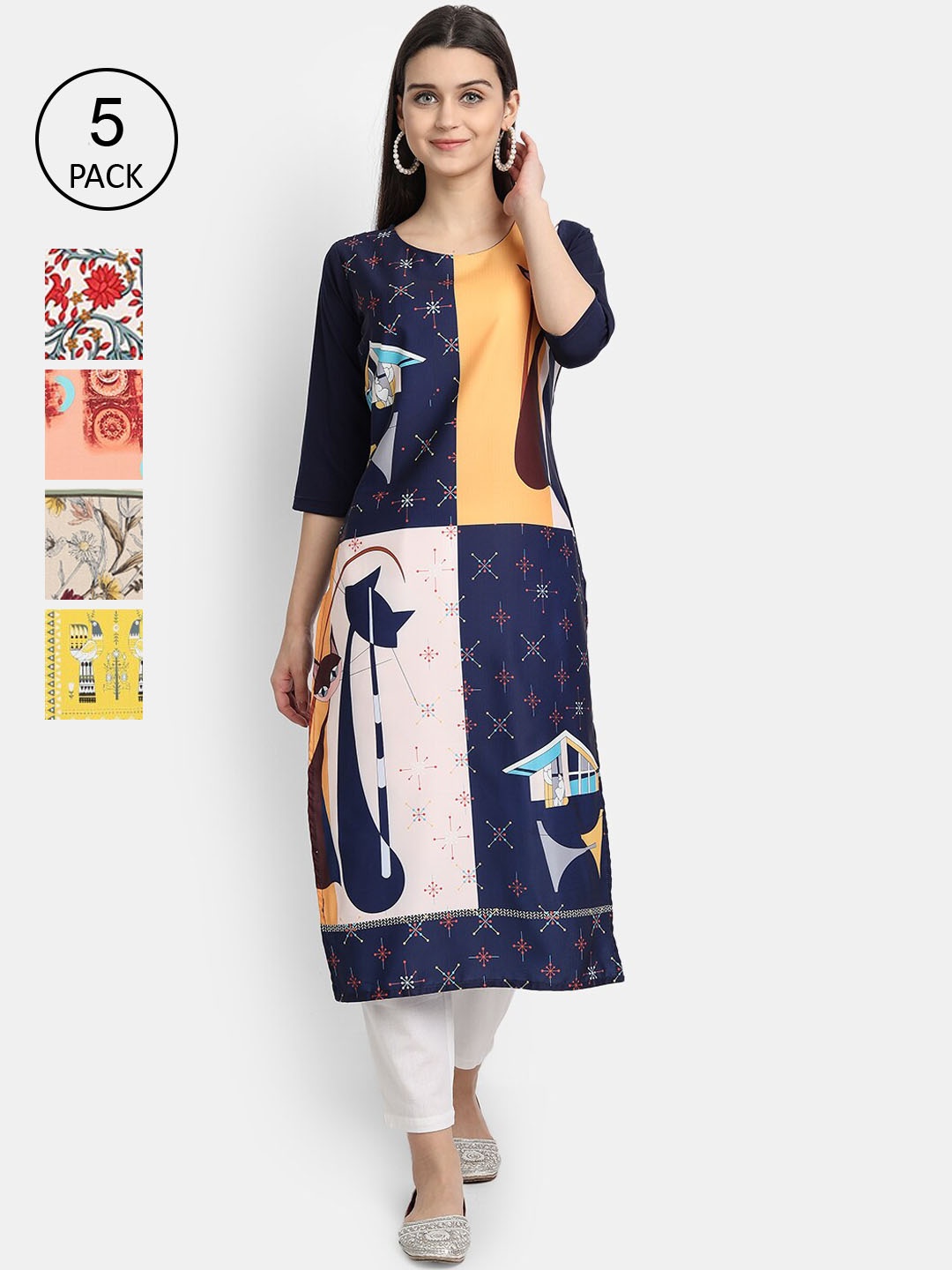 

7Threads Women Pack Of 5 Printed Crepe Kurtas, Navy blue