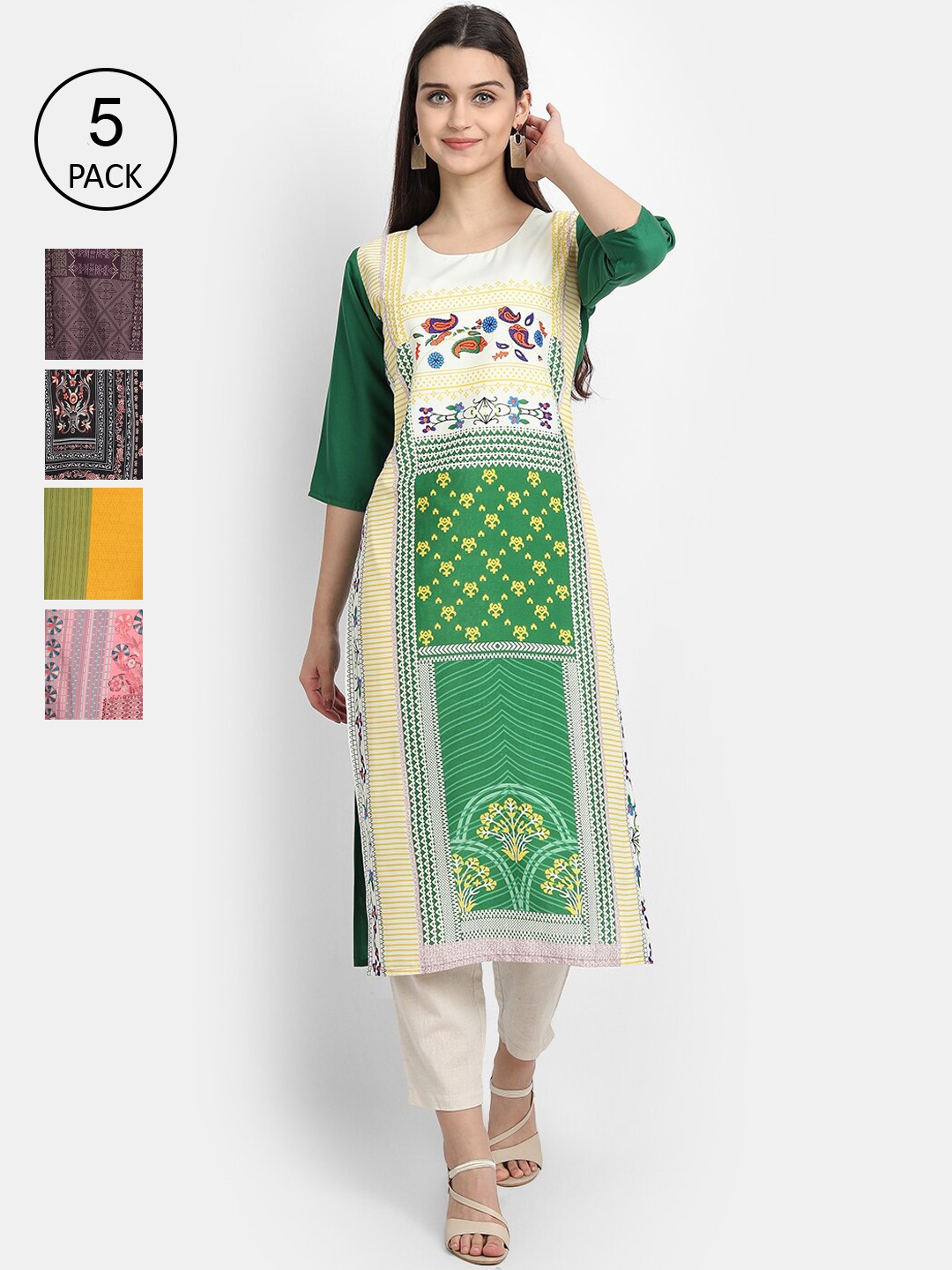 

7Threads Women Pack Of 5 Printed Crepe Kurtas, Green