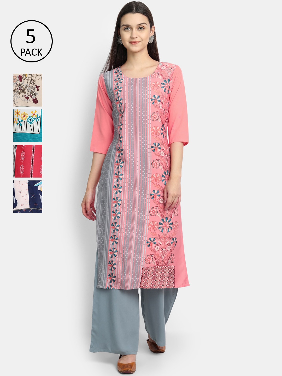 

7Threads Women Pack Of 5 Printed Crepe Kurtas, Pink
