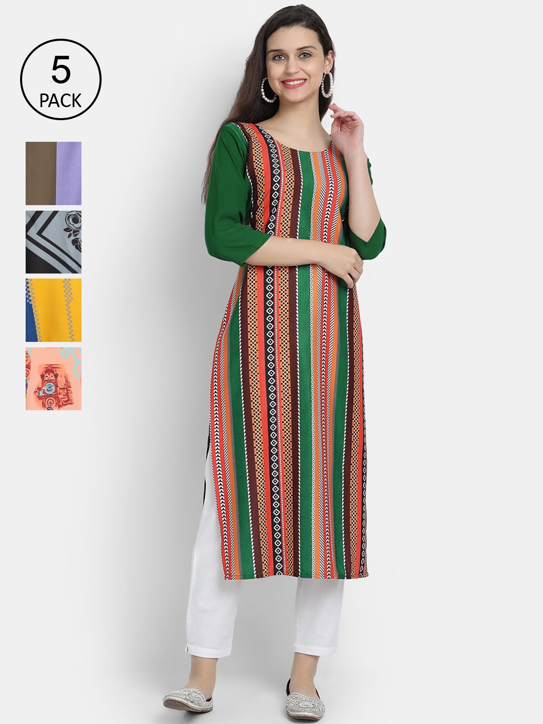 

7Threads Women Pack Of 5 Printed Crepe Kurtas, Green