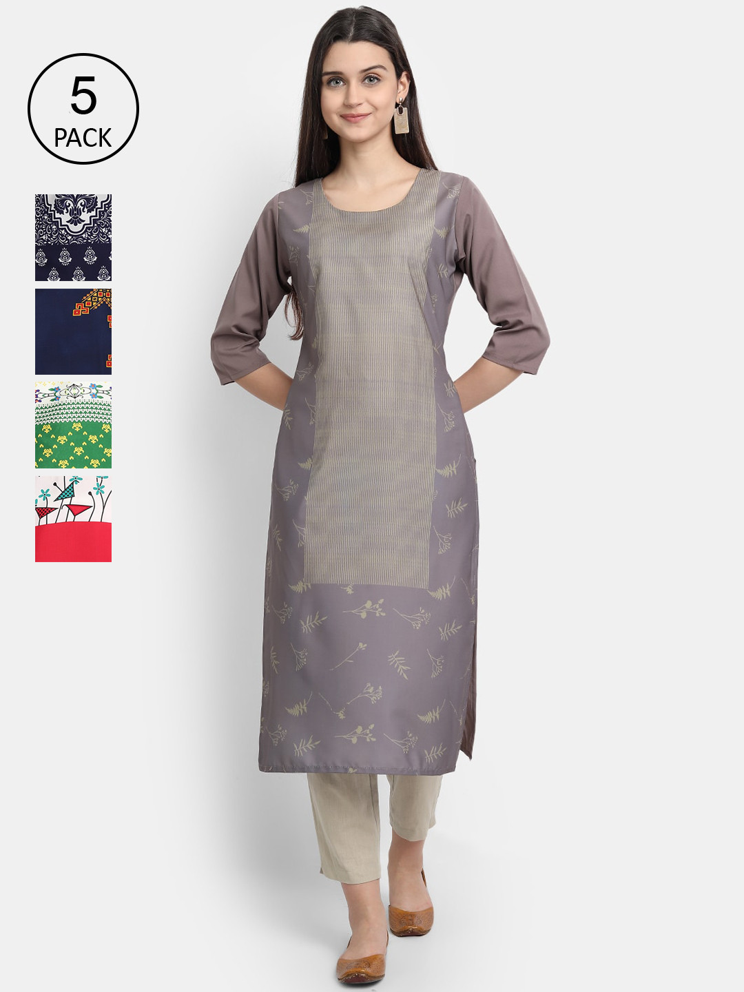 

7Threads Women Pack Of 5 Printed Crepe Kurtas, Grey