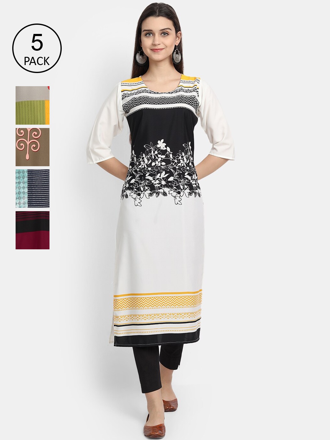 

7Threads Women Pack Of 5 Printed Crepe Kurtas, White