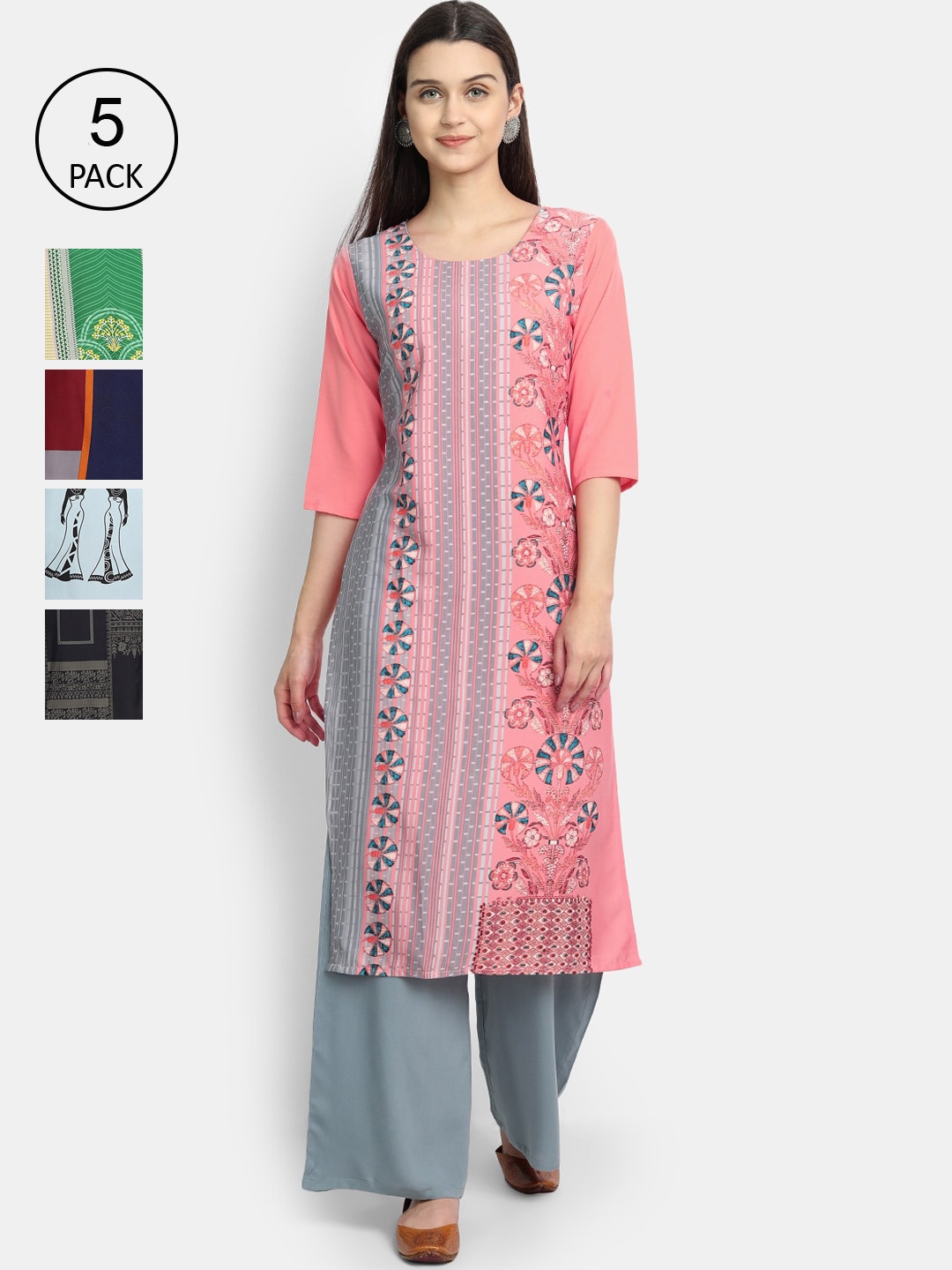 

7Threads Women Multicoloured Pack of 5 Printed Flared Sleeves Crepe Kurta, Multi