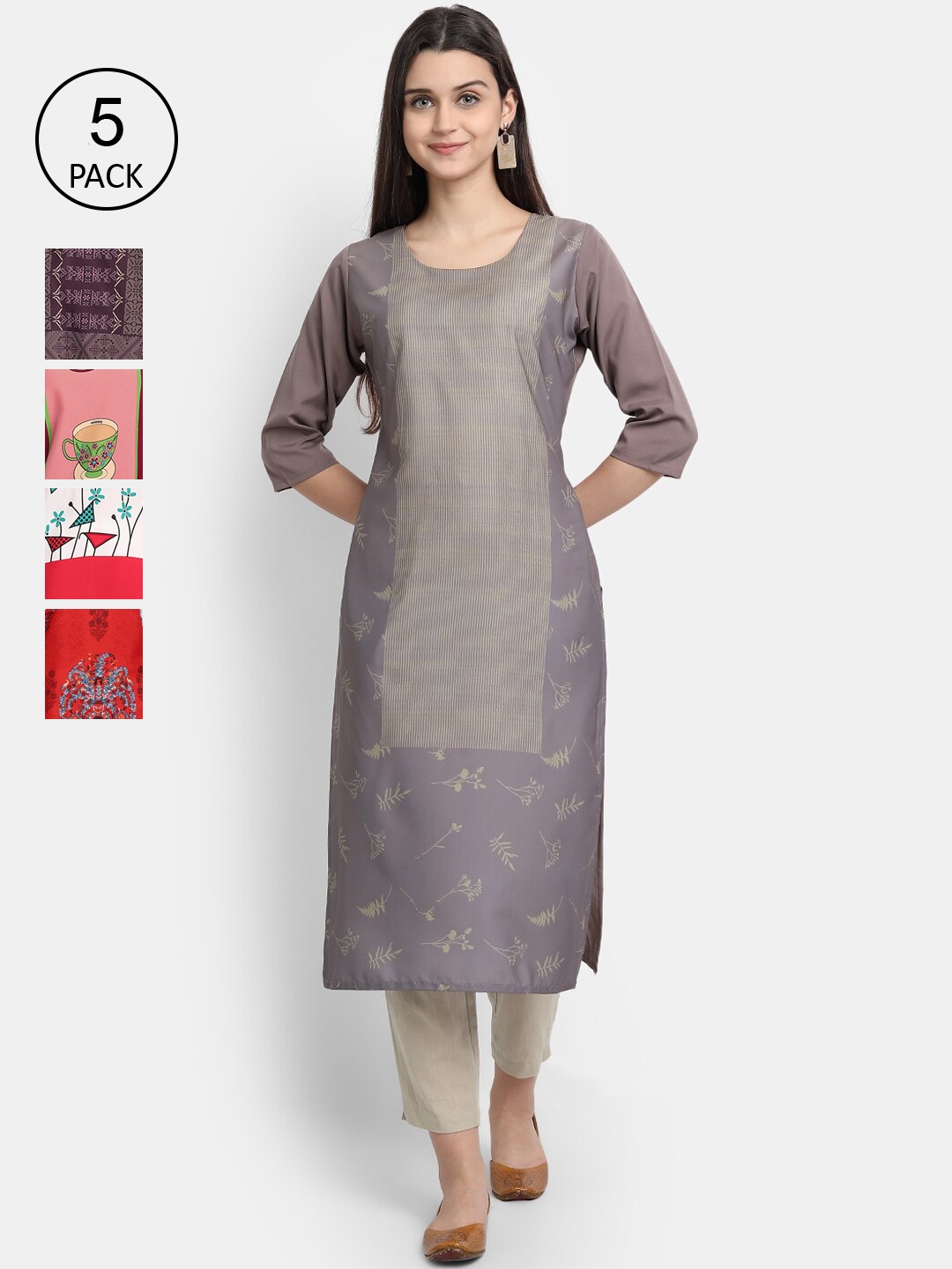 

7Threads Women Pack Of 5 Printed Crepe Kurtas, Grey
