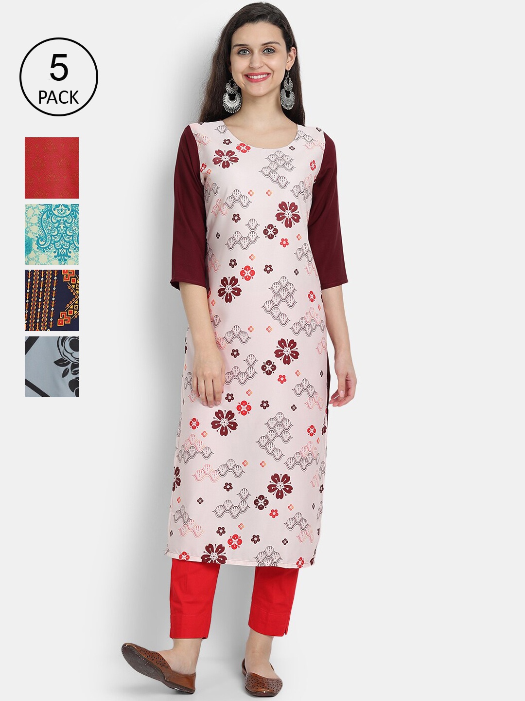 

7Threads Women Pack Of 5 Printed Crepe Kurtas, Pink