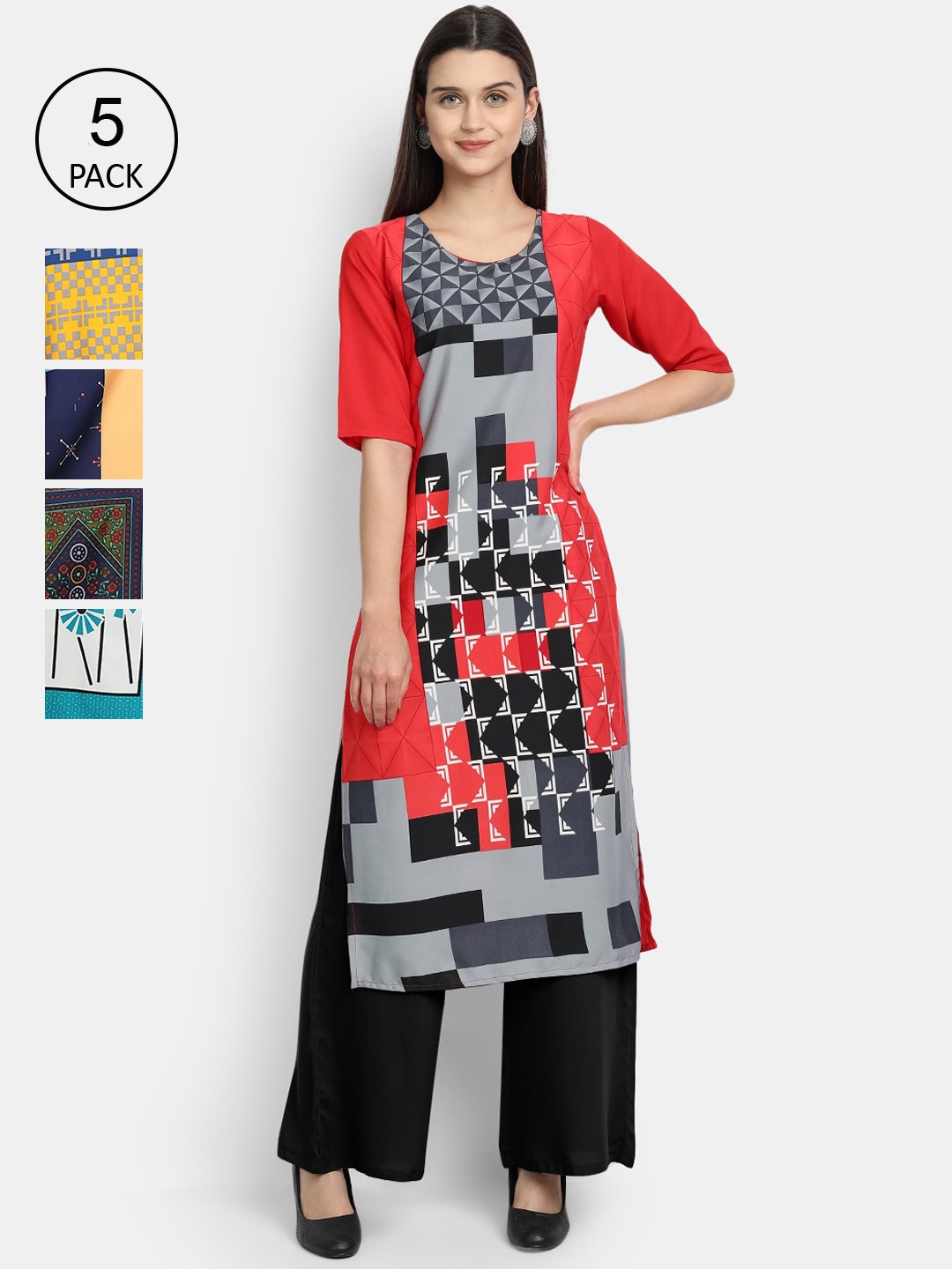 

7Threads Women Pack Of 5 Printed Crepe Kurtas, Red
