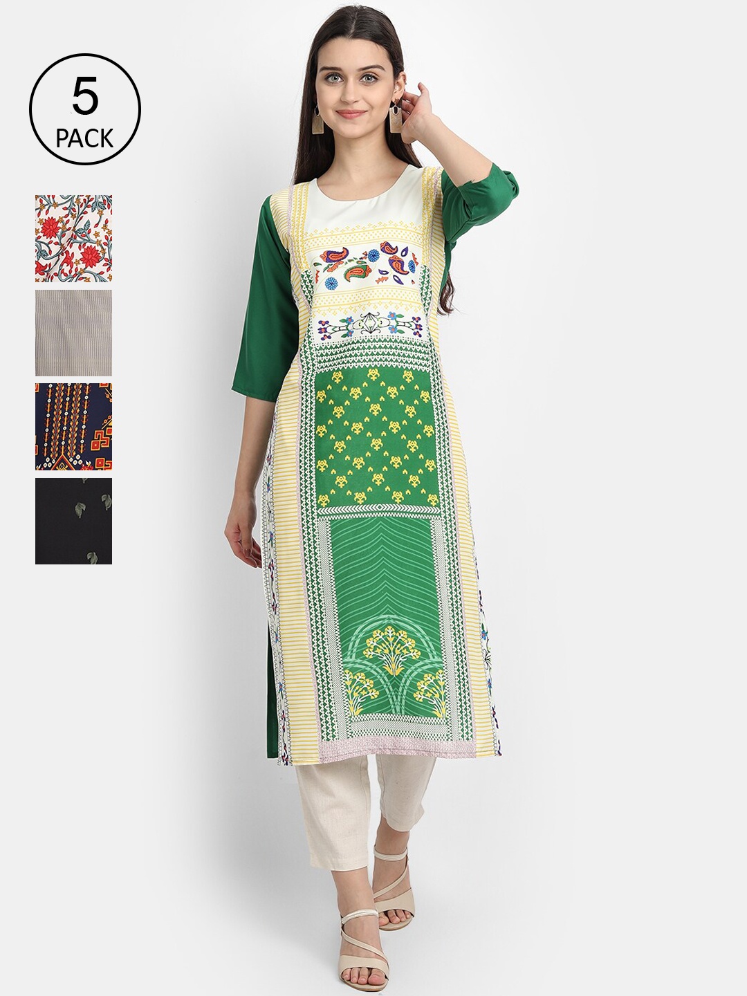 

7Threads Women Pack Of 5 Printed Crepe Kurtas, Green