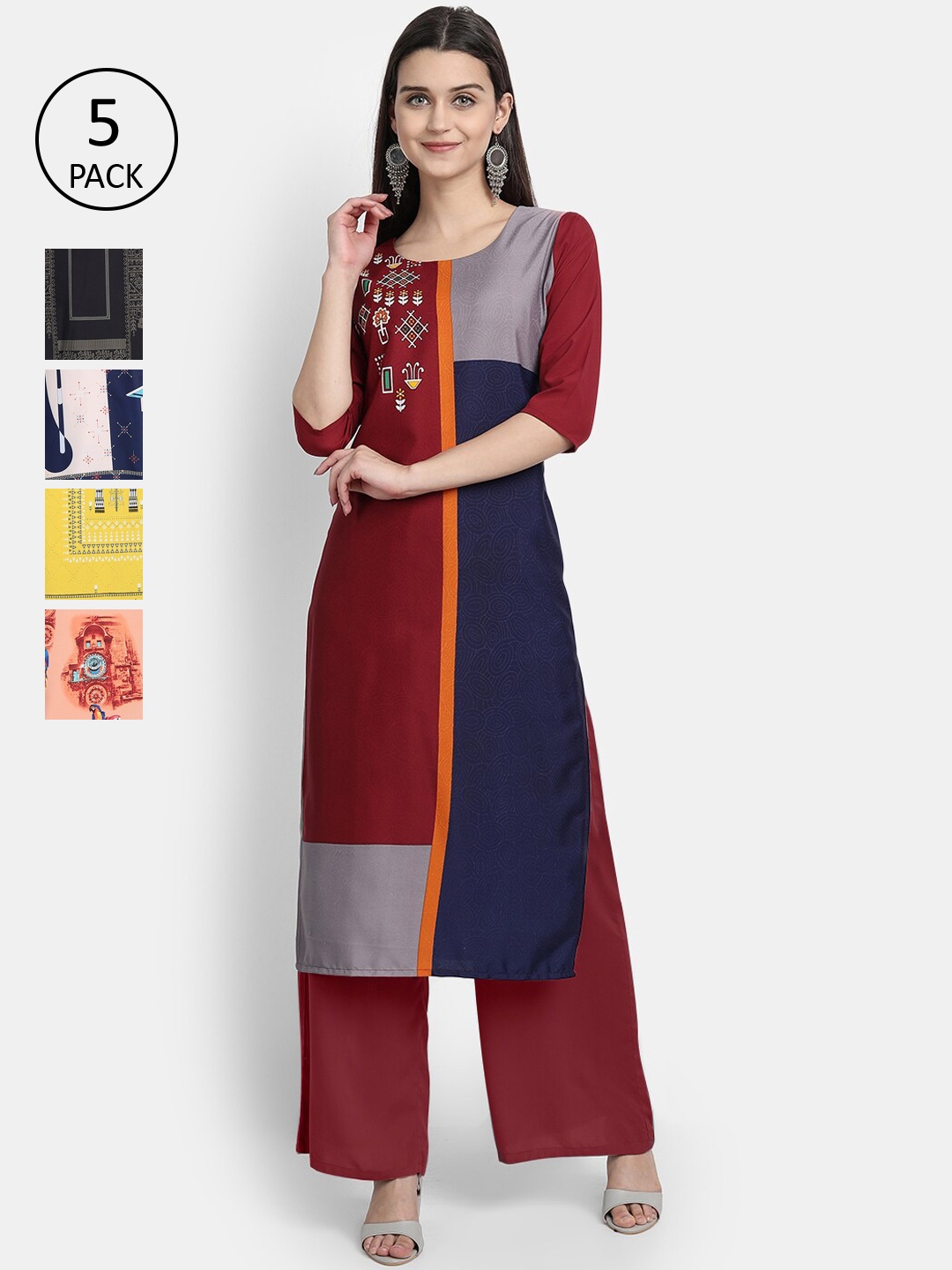 

7Threads Women Pack Of 5 Printed Crepe Kurtas, Maroon