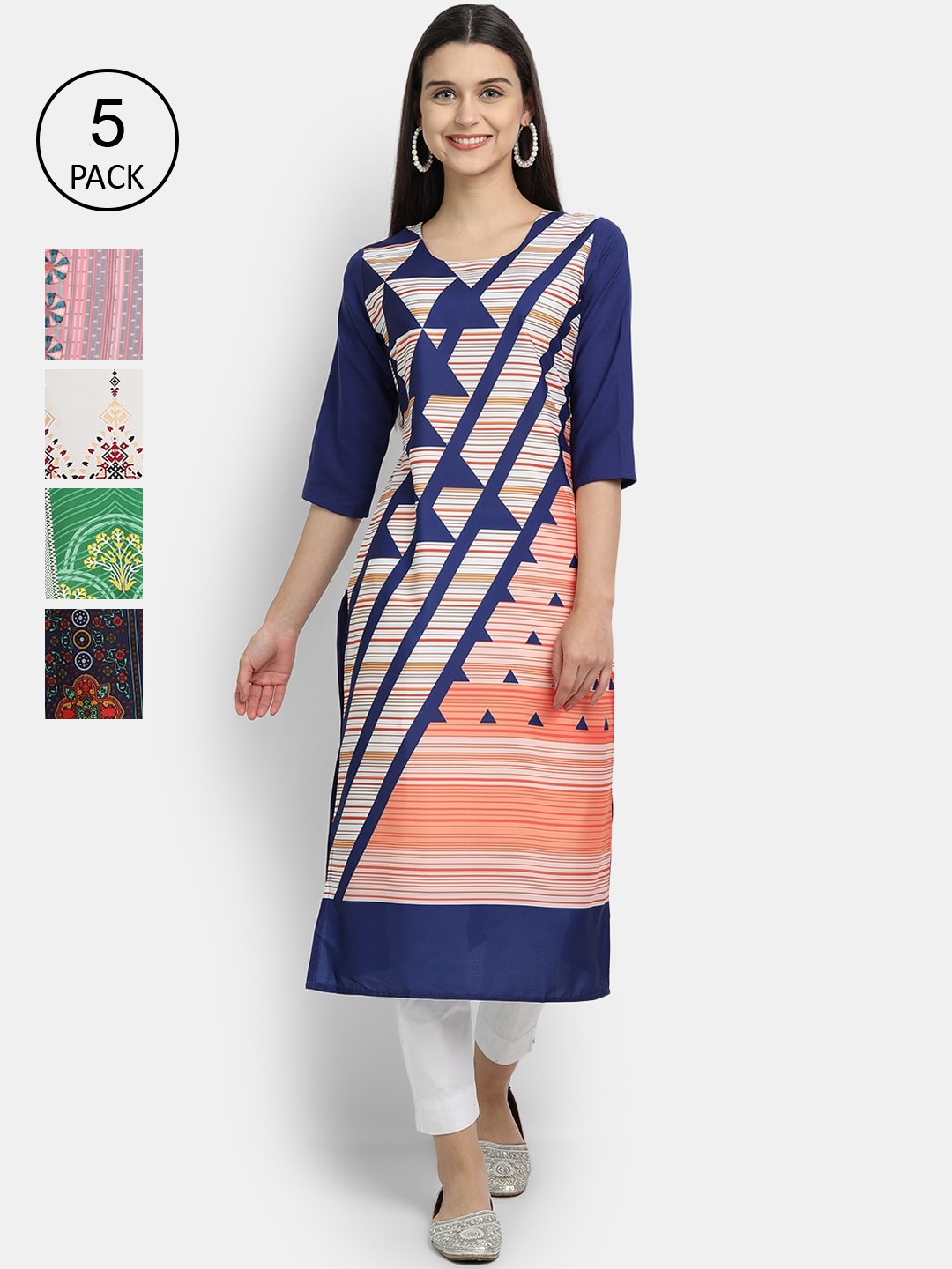 

7Threads Women Pack Of 5 Printed Crepe Kurtas, Navy blue