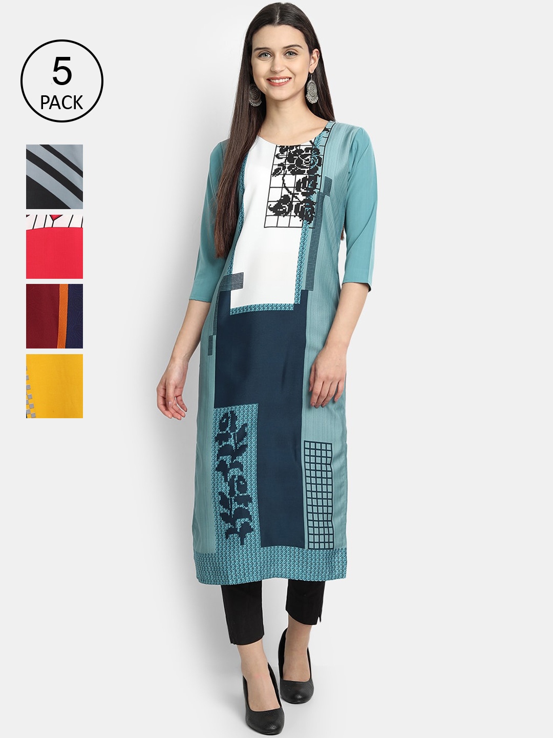 

7Threads Women Pack Of 5 Printed Crepe Kurtas, Green