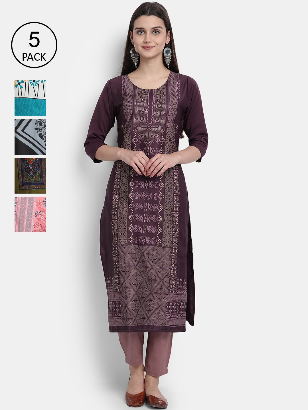 

7Threads Women Pack Of 5 Printed Crepe Kurtas, Burgundy
