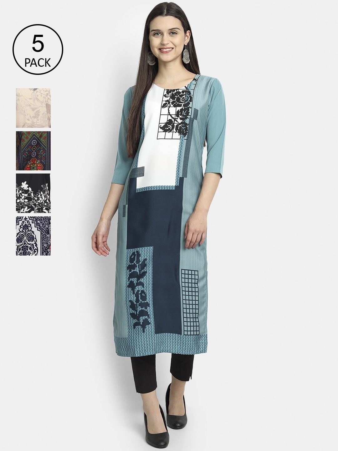 

7Threads Women Pack Of 5 Printed Crepe Kurtas, Green