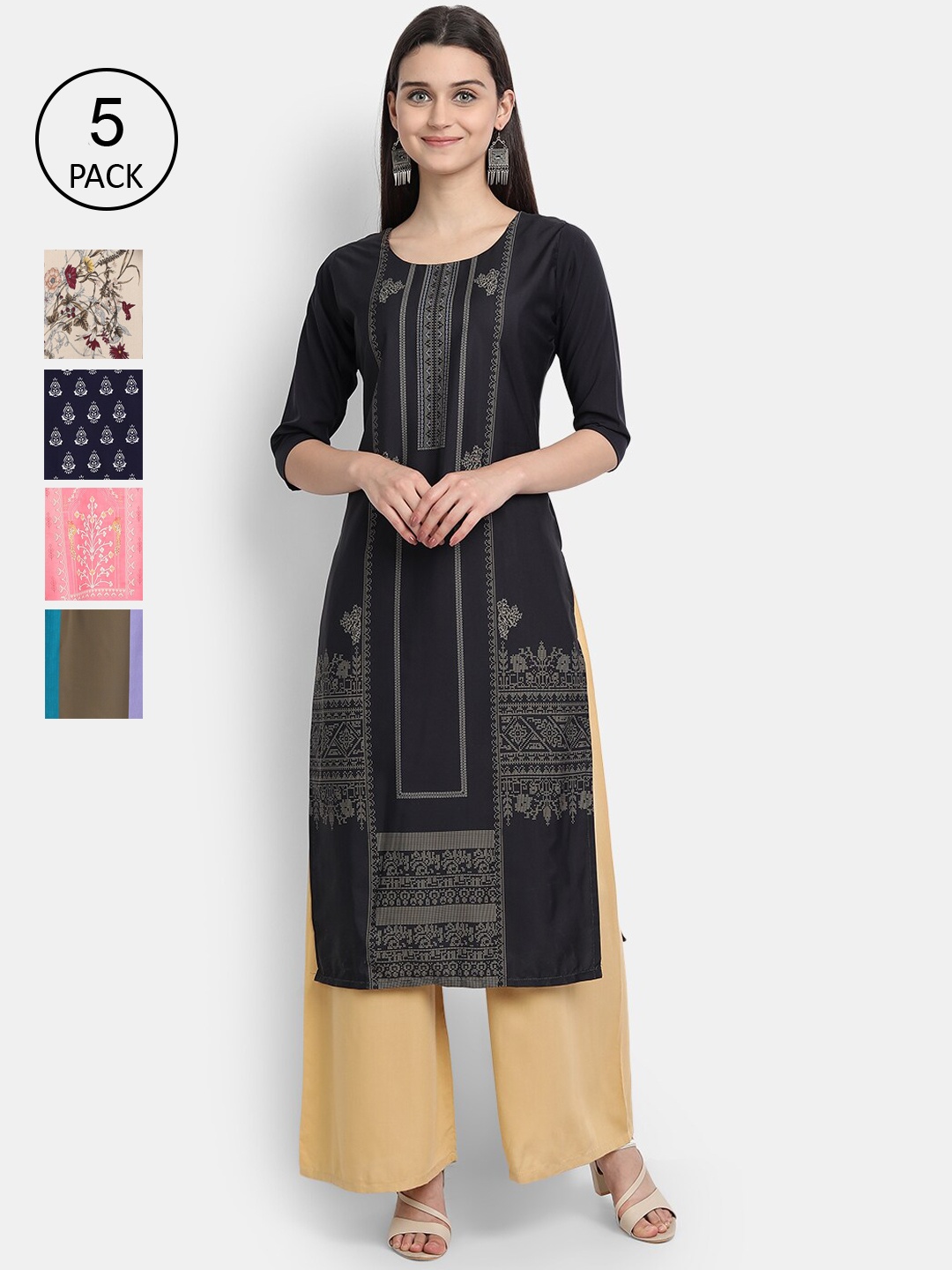 

7Threads Women Pack Of 5 Printed Crepe Kurtas, Black