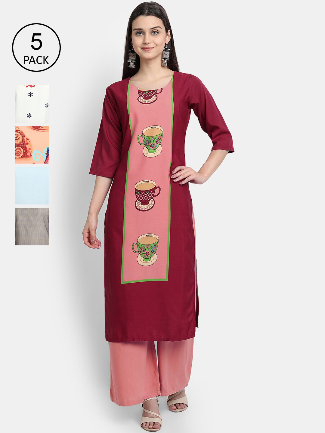 

7Threads Women Pack Of 5 Printed Crepe Kurtas, Maroon