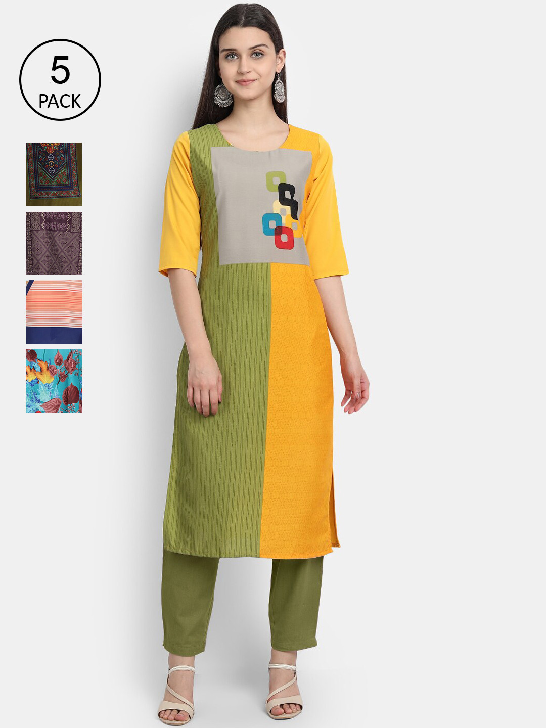 

7Threads Women Pack Of 5 Printed Crepe Kurtas, Yellow