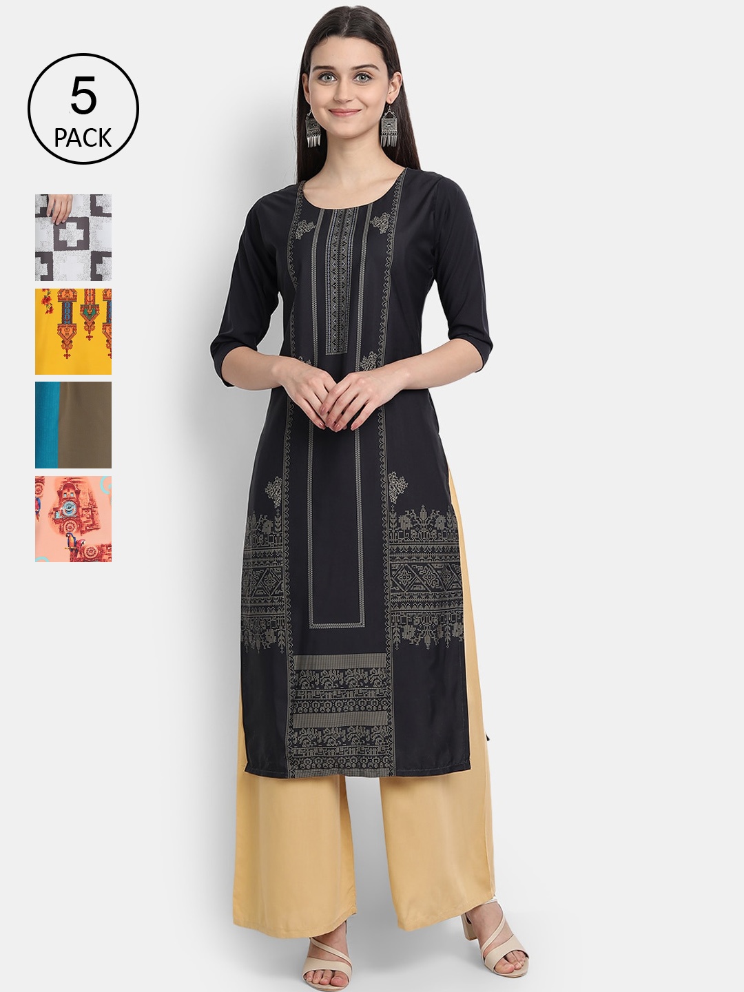 

7Threads Women Pack Of 5 Printed Crepe Kurtas, Black