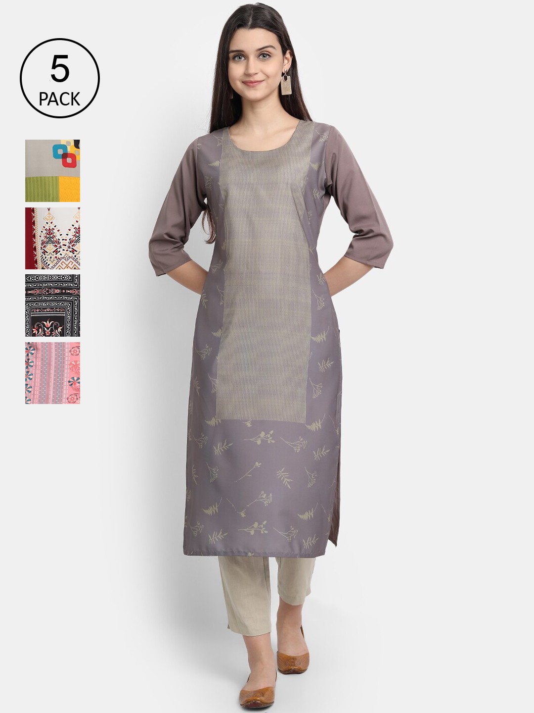 

7Threads Women Pack Of 5 Printed Crepe Kurtas, Grey