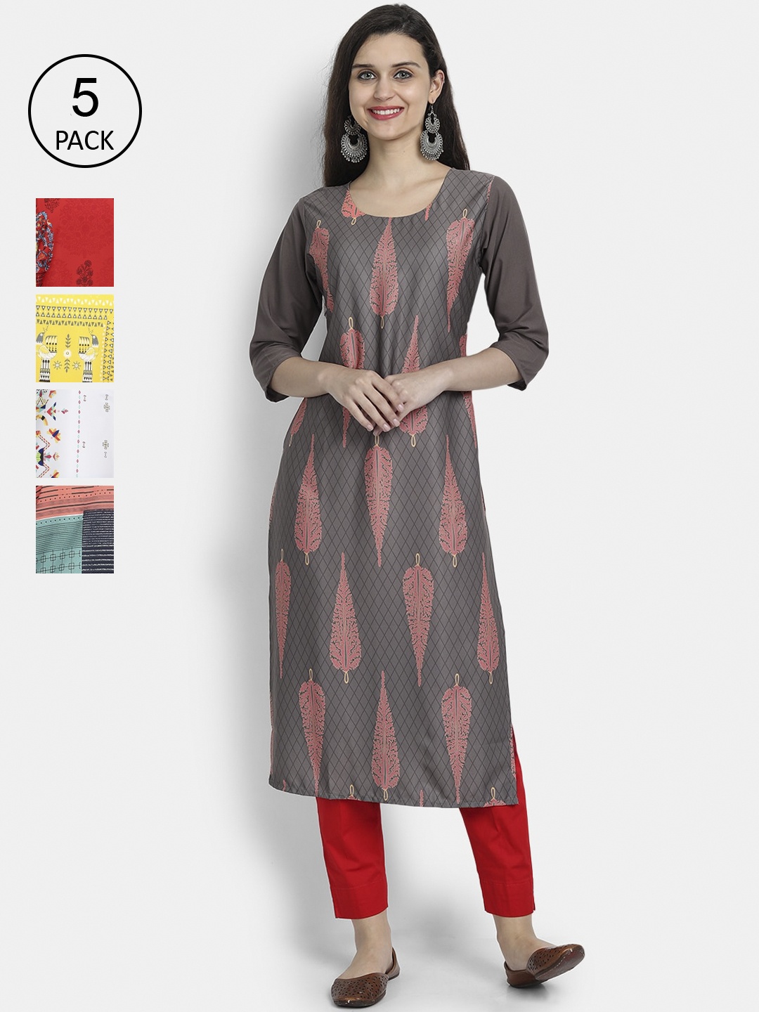 

7Threads Women Pack Of 5 Printed Crepe Kurtas, Grey