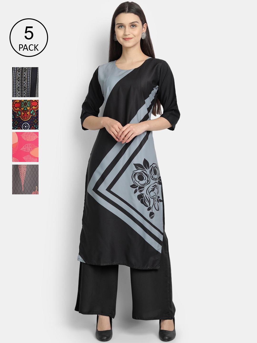

7Threads Women Pack Of 5 Printed Crepe Kurtas, Black