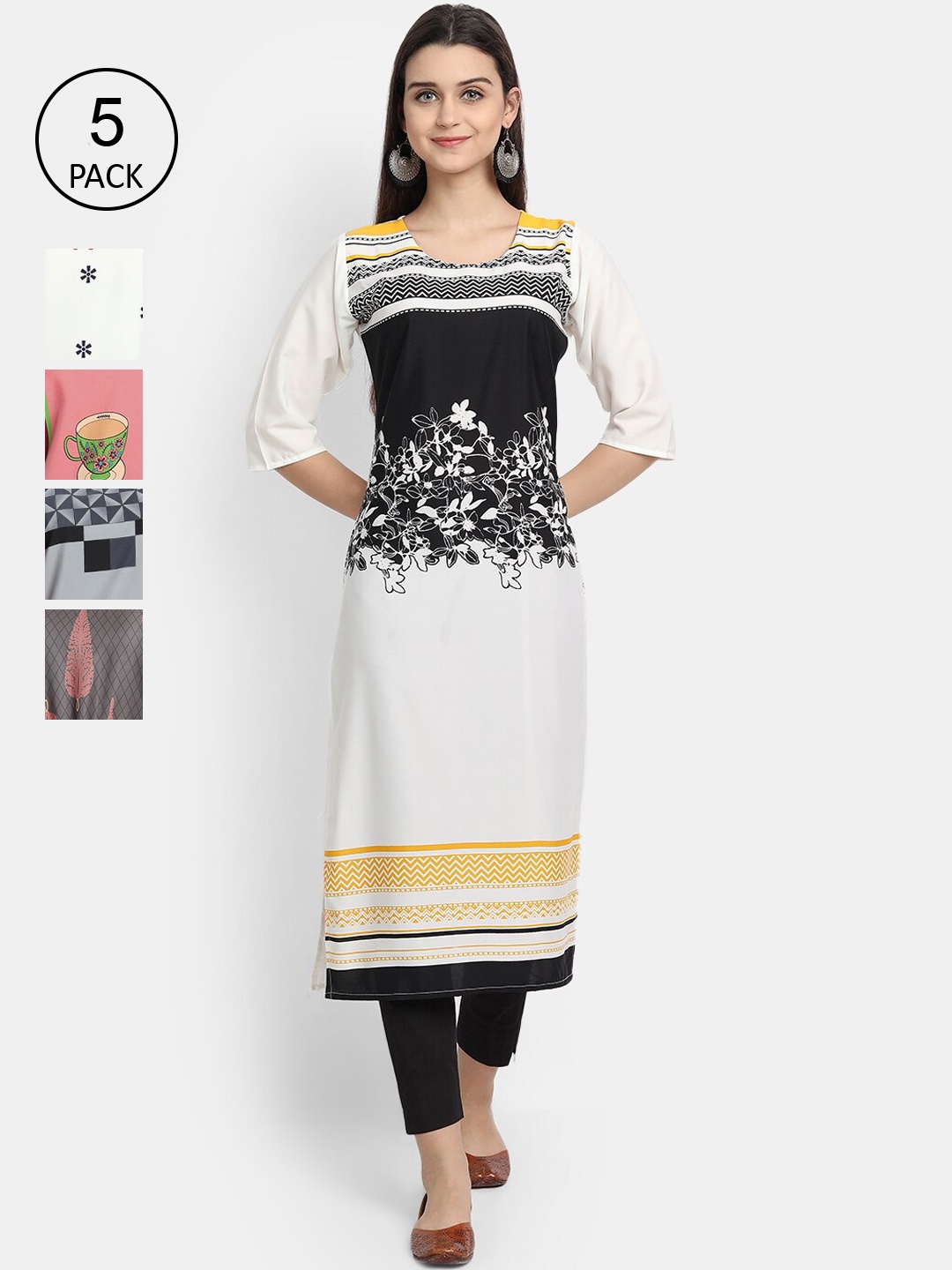 

7Threads Women Pack Of 5 Printed Crepe Kurtas, Yellow