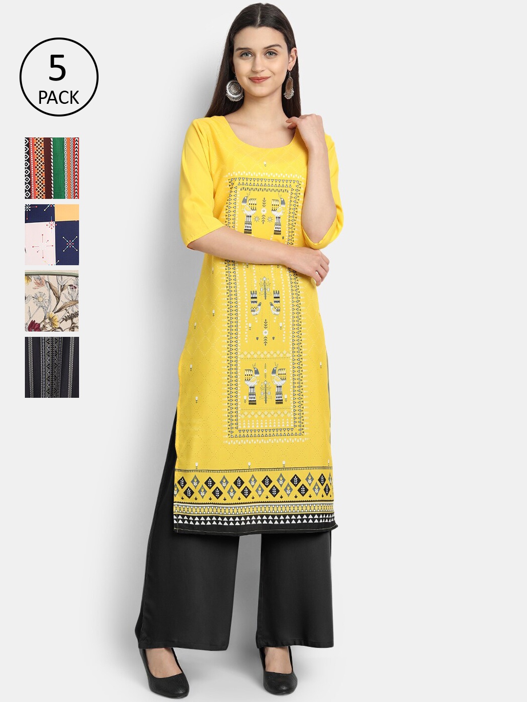 

7Threads Women Pack Of 5 Printed Crepe Kurtas, Yellow